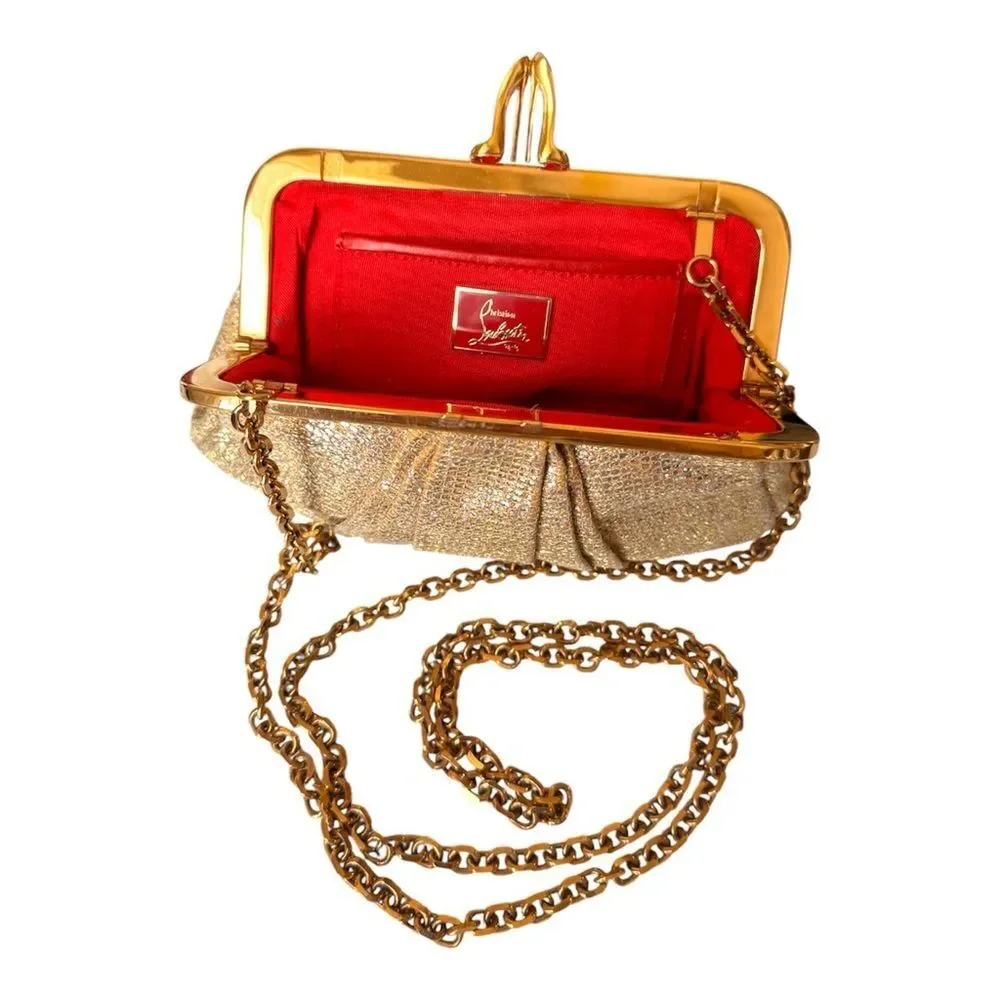 Christian Louboutin Gold Metallic Pleated Clutch Bag Sunburst Crown Frame Luxury